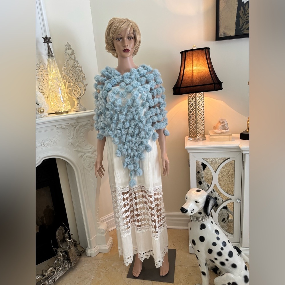 Light Blue Fluffy Rabbit Fur Shawl Wrap - Picture 3 of 11